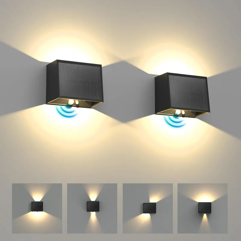 T-SUN ▫️ Solar Outdoor Wall Light com sensor de movimento 1500 mAh Solar LED Outdoor Wall Light Garden 3 Modes Solar Wall Light Ajustável Up Down Solar Spotlight for Garden Wall Fence Garage 2 Units