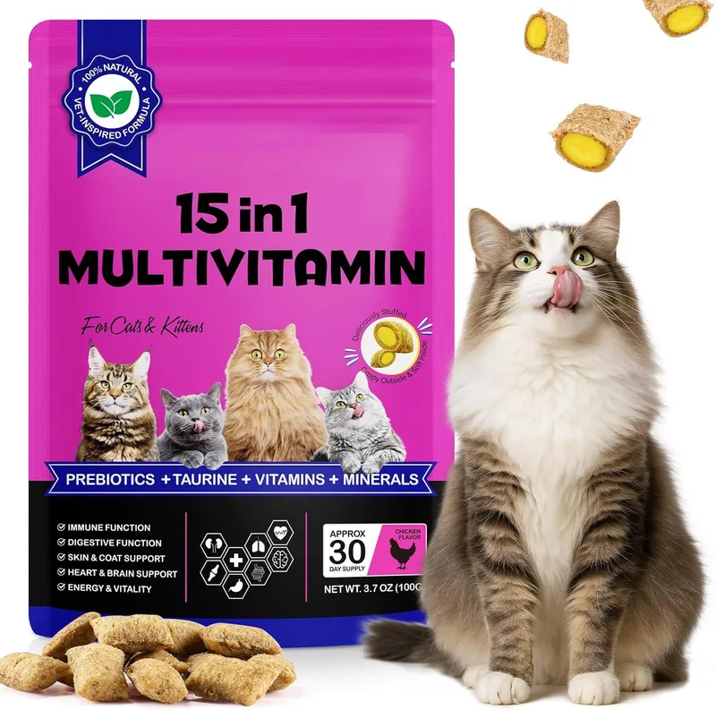 ReliCo ▫️ Essential Daily Vitamins for Cats - 15-in-1 Multivitamin Chewy Snacks with Taurine, Omega Fatty Acids, Prebiotics and Green Lipped Mussel for Immune, Digestive and Joint Support.