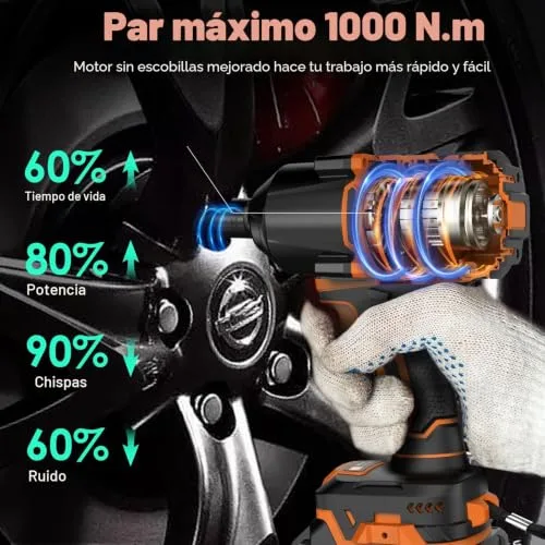 AKZWOXRO ▫️ Chave de impacto a bateria de 1000 N·m, 1/2" Chave de impacto elétrica sem escovas com bateria de 4,0 Ah, 5 pontas de impacto, chave de impacto sem fios potente para uso doméstico/automóvel 2