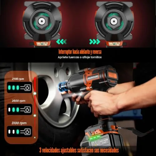 AKZWOXRO ▫️ Chave de impacto a bateria de 1000 N·m, 1/2" Chave de impacto elétrica sem escovas com bateria de 4,0 Ah, 5 pontas de impacto, chave de impacto sem fios potente para uso doméstico/automóvel 4
