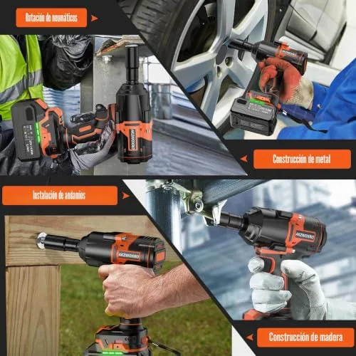 AKZWOXRO ▫️ Chave de impacto a bateria de 1000 N·m, 1/2" Chave de impacto elétrica sem escovas com bateria de 4,0 Ah, 5 pontas de impacto, chave de impacto sem fios potente para uso doméstico/automóvel 5