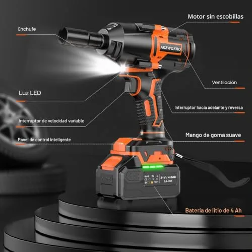 AKZWOXRO ▫️ Chave de impacto a bateria de 1000 N·m, 1/2" Chave de impacto elétrica sem escovas com bateria de 4,0 Ah, 5 pontas de impacto, chave de impacto sem fios potente para uso doméstico/automóvel 6