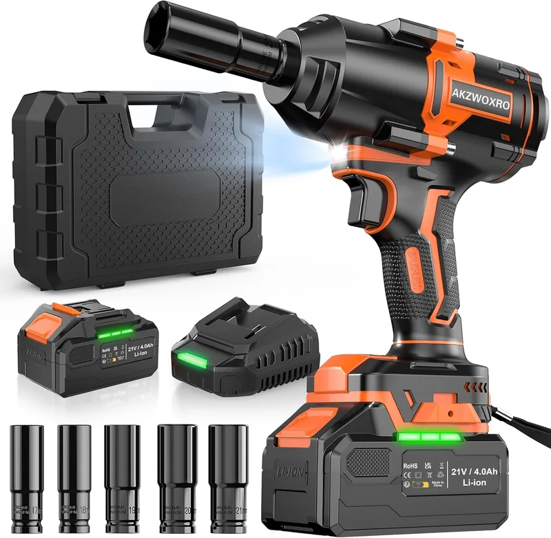 AKZWOXRO ▫️ Chave de impacto a bateria de 1000 N·m, 1/2" Chave de impacto elétrica sem escovas com bateria de 4,0 Ah, 5 pontas de impacto, chave de impacto sem fios potente para uso doméstico/automóvel