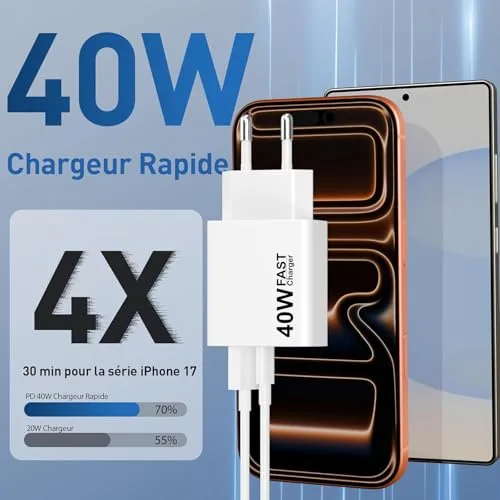 lezaface ▫️ Conjunto de 2 carregadores USB-C, 40 W, tomada USB-C, adaptador de corrente tipo C PD+QC, de parede dupla, tomada tipo C, carregador rápido para iPhone 17, 16, 15 Pro Max 2