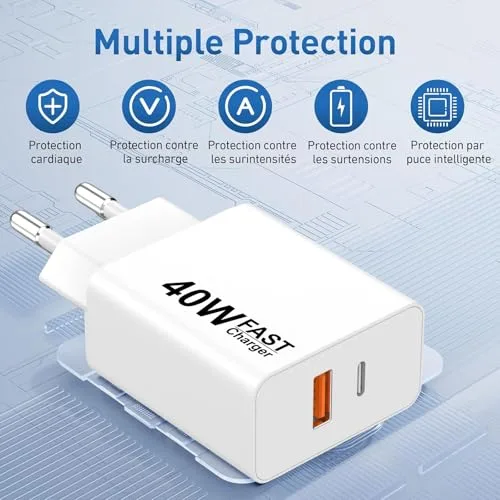 lezaface ▫️ Conjunto de 2 carregadores USB-C, 40 W, tomada USB-C, adaptador de corrente tipo C PD+QC, de parede dupla, tomada tipo C, carregador rápido para iPhone 17, 16, 15 Pro Max 3