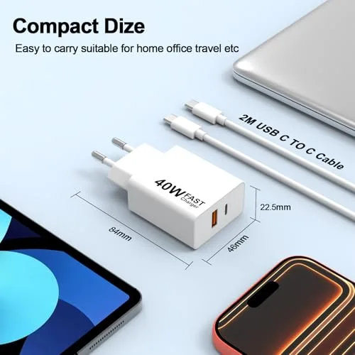 lezaface ▫️ Conjunto de 2 carregadores USB-C, 40 W, tomada USB-C, adaptador de corrente tipo C PD+QC, de parede dupla, tomada tipo C, carregador rápido para iPhone 17, 16, 15 Pro Max 7