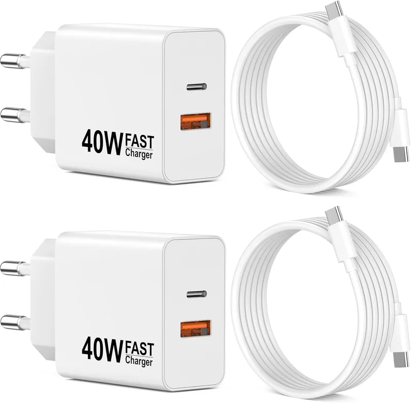 lezaface ▫️ Conjunto de 2 carregadores USB-C, 40 W, tomada USB-C, adaptador de corrente tipo C PD+QC, de parede dupla, tomada tipo C, carregador rápido para iPhone 17, 16, 15 Pro Max