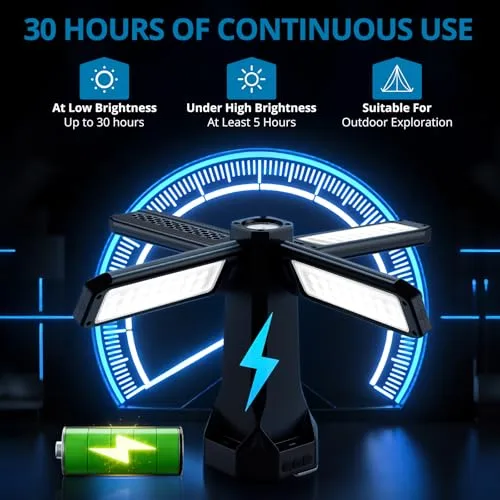 AUTOUTLET ▫️ Lâmpada de Trabalho LED Recarregável de 4000 lúmenes com tripé de 1,55 m, bateria externa de 16 000 mAh, 4 painéis ajustáveis a 270°, IP66 à prova de água para campismo, oficina, garagem e uso no exterior 2