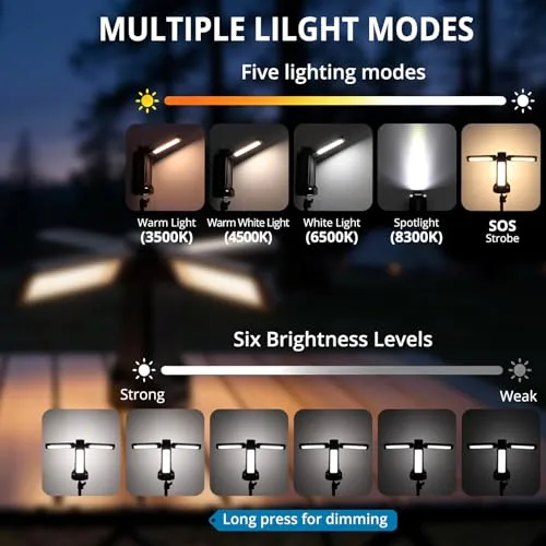 AUTOUTLET ▫️ Lâmpada de Trabalho LED Recarregável de 4000 lúmenes com tripé de 1,55 m, bateria externa de 16 000 mAh, 4 painéis ajustáveis a 270°, IP66 à prova de água para campismo, oficina, garagem e uso no exterior 4
