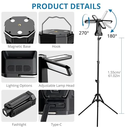 AUTOUTLET ▫️ Lâmpada de Trabalho LED Recarregável de 4000 lúmenes com tripé de 1,55 m, bateria externa de 16 000 mAh, 4 painéis ajustáveis a 270°, IP66 à prova de água para campismo, oficina, garagem e uso no exterior 6