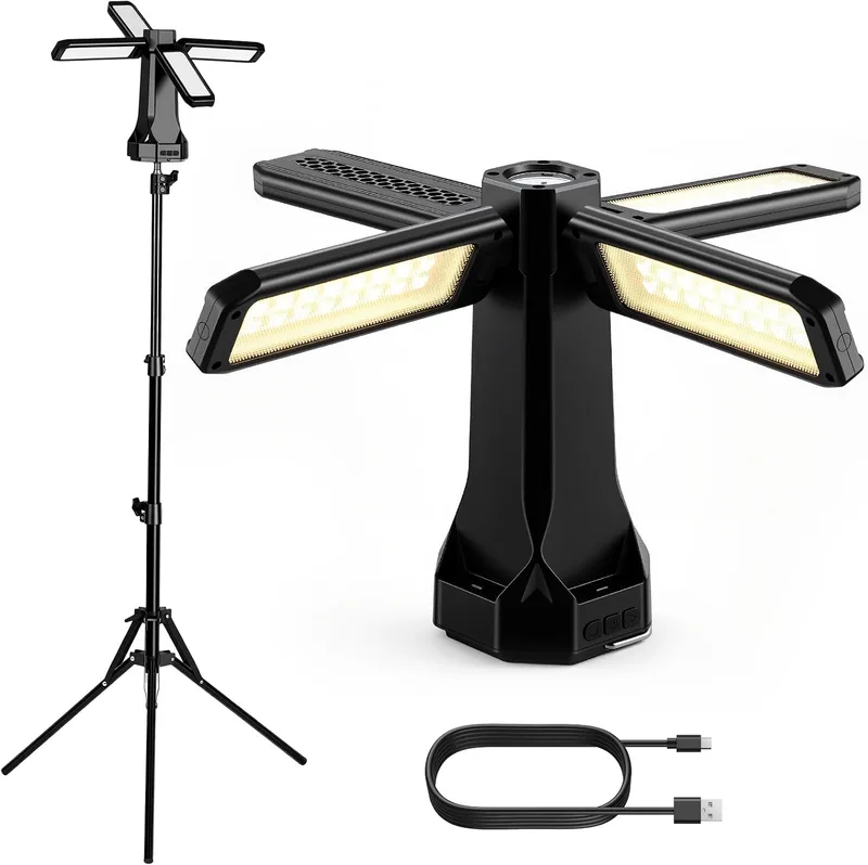 AUTOUTLET ▫️ Lâmpada de Trabalho LED Recarregável de 4000 lúmenes com tripé de 1,55 m, bateria externa de 16 000 mAh, 4 painéis ajustáveis a 270°, IP66 à prova de água para campismo, oficina, garagem e uso no exterior