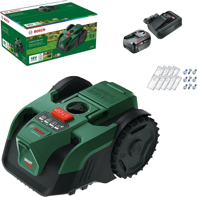 Bosch ▫️ Robô cortador de relva a bateria VISIMOW18V-100 (para superfícies até 100 m², largura de corte: 16 cm, altura de corte: 20-60 mm, com lâminas de substituição, inclui bateria e carregador)