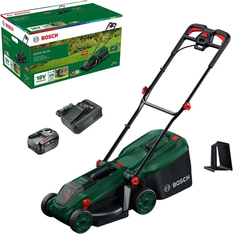 Bosch ▫️ Cortador de relva sem fios ROTAK18V-34 (largura de corte: 34 cm, altura de corte: 25-65 mm, cesto de tecido de 35 l, ficha para mulching, inclui bateria e carregador)