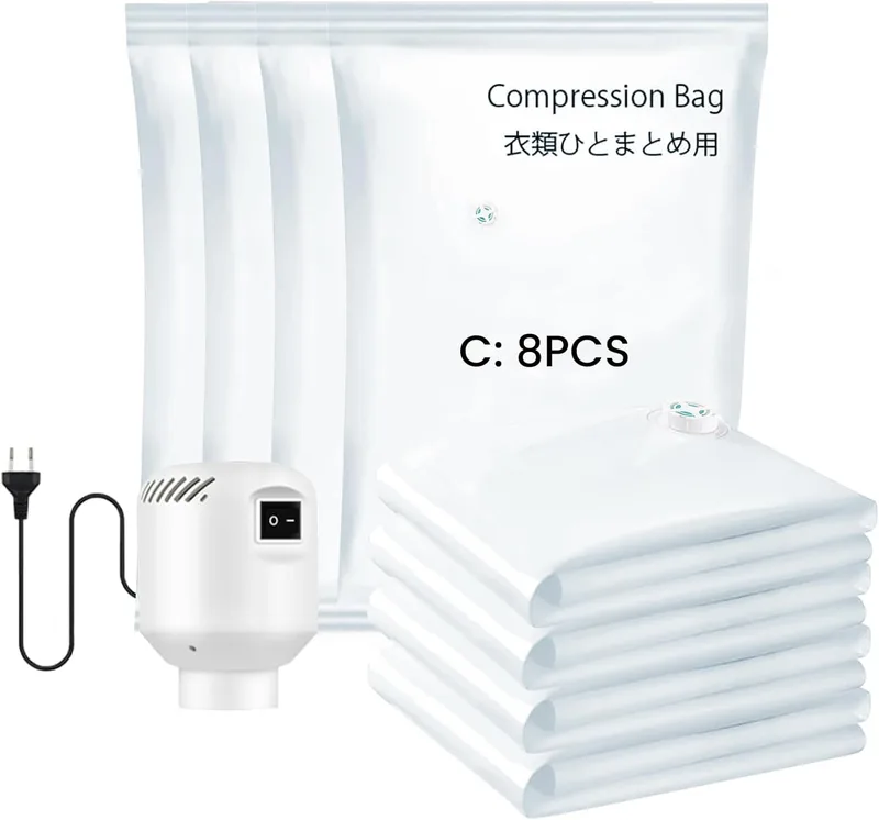 Creacloud ▫️ Sacos de armazenamento a vácuo para roupa, edredões e cobertores, poupam espaço no guarda-roupa e na mala, ideais para viagens e mudanças, com bomba eléctrica (SET C)