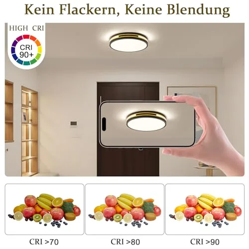 WOKNOS ▫️ Luminária de teto redonda moderna em preto e dourado, plafon LED de 30 cm, 24 W, 1400 lúmenes, adequada para sala de estar, cozinha, varanda, sala de jantar, quarto, entrada, escadaria e corredor 2
