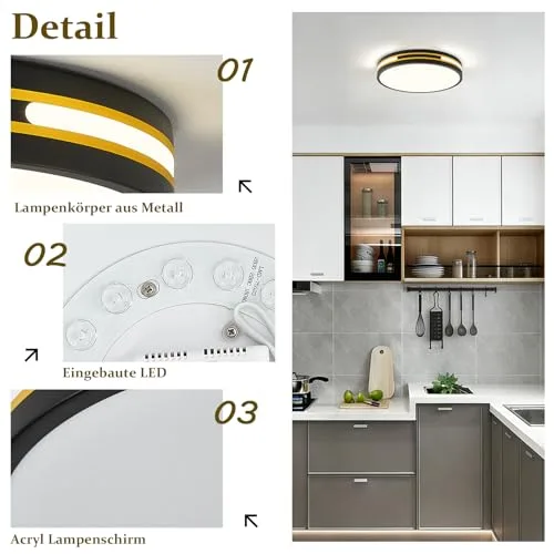 WOKNOS ▫️ Luminária de teto redonda moderna em preto e dourado, plafon LED de 30 cm, 24 W, 1400 lúmenes, adequada para sala de estar, cozinha, varanda, sala de jantar, quarto, entrada, escadaria e corredor 3