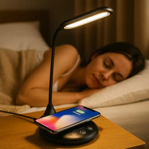 Grundig ▫️ Lâmpada de secretária com carregador sem fios – Lâmpada LED regulável com controlo tátil – Lâmpada de noite com 3 cores de luz – USB-C – Braço flexível para iluminação ajustável 2