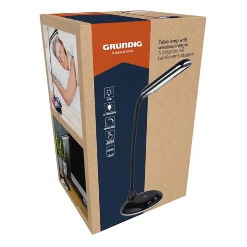 Grundig ▫️ Lâmpada de secretária com carregador sem fios – Lâmpada LED regulável com controlo tátil – Lâmpada de noite com 3 cores de luz – USB-C – Braço flexível para iluminação ajustável 3