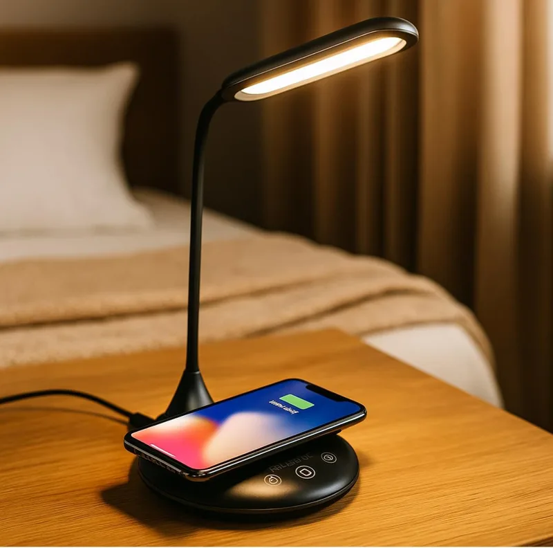 Grundig ▫️ Lâmpada de secretária com carregador sem fios – Lâmpada LED regulável com controlo tátil – Lâmpada de noite com 3 cores de luz – USB-C – Braço flexível para iluminação ajustável