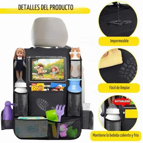 KIRZAX ▫️ Suporte para tablet para encosto de cabeça do carro, bolsa porta-tablet para carro – Acessório de viagem, para tablets infantis/tablets/telemóveis (4,7-13 polegadas), espaço de arrumação para pequenos objetos e copos 3