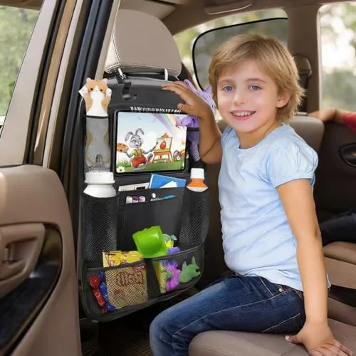 KIRZAX ▫️ Suporte para tablet para encosto de cabeça do carro, bolsa porta-tablet para carro – Acessório de viagem, para tablets infantis/tablets/telemóveis (4,7-13 polegadas), espaço de arrumação para pequenos objetos e copos 5