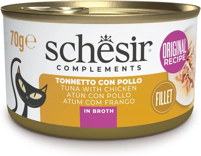 Schesir ▫️ Atum com Frango em Caldo, alimento húmido completo para gatos, em lata, ingredientes 100% naturais, sem crueldade, 12 x 70 g