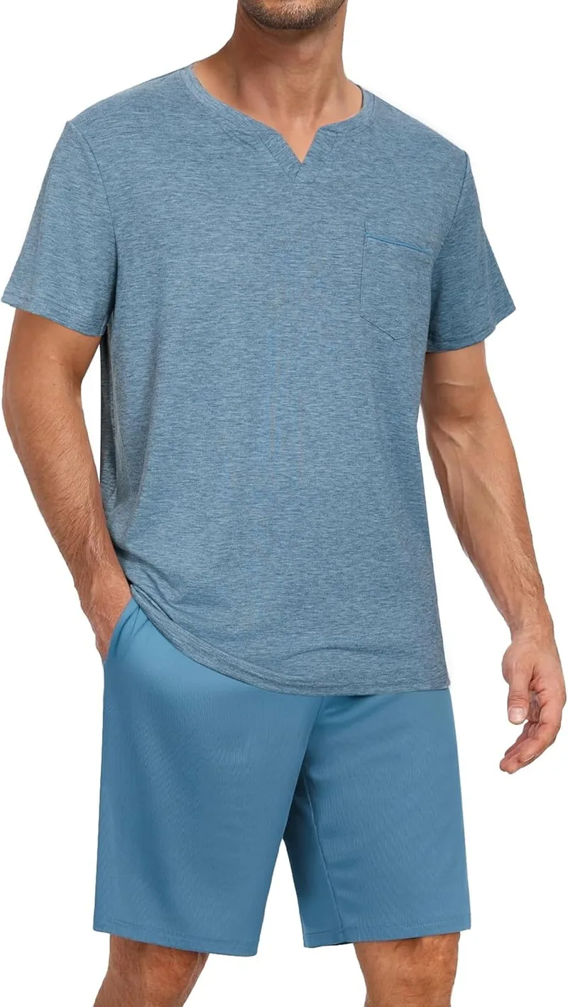 Terecey ▫️ Pijama de verão Curto para Homem Conjunto de dormir de 2 peças para homem com T-shirt de manga curta e pijama curto, leve e confortável, roupa de casa