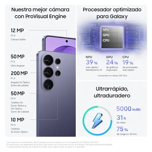 Samsung ▫️ Galaxy S26 Ultra, 1 TB, smartphone com Galaxy AI, câmara de 200 MP, 16 GB de RAM, bateria de 5000 mAh, garantia do fabricante de 3 anos + 1 ano extra, cor preta (versão espanhola) 6