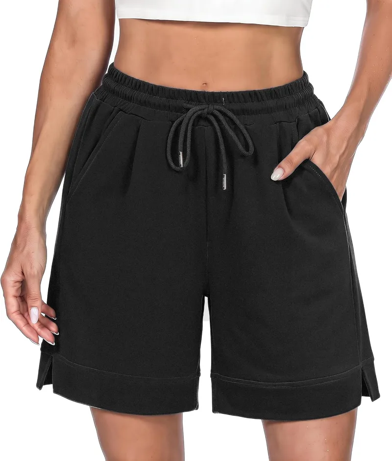 Litherday ▫️ Calções desportivos para mulher - Verão: calções com bolsos, cintura elástica e abertura lateral, respiráveis, para uso doméstico, corrida e ioga - tamanhos S-XXL