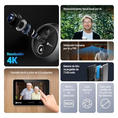 EZVIZ ▫️ EP4 Visor Digital Wi-Fi 4K para Porta, Ecrã Tátil a Cores de 5,5", Videoporteiro Sem Fios, Reconhecimento Facial com IA, 7100 mAh, Detecção PIR, Áudio Bidirecional, Privacidade Protegida,Prateado 2