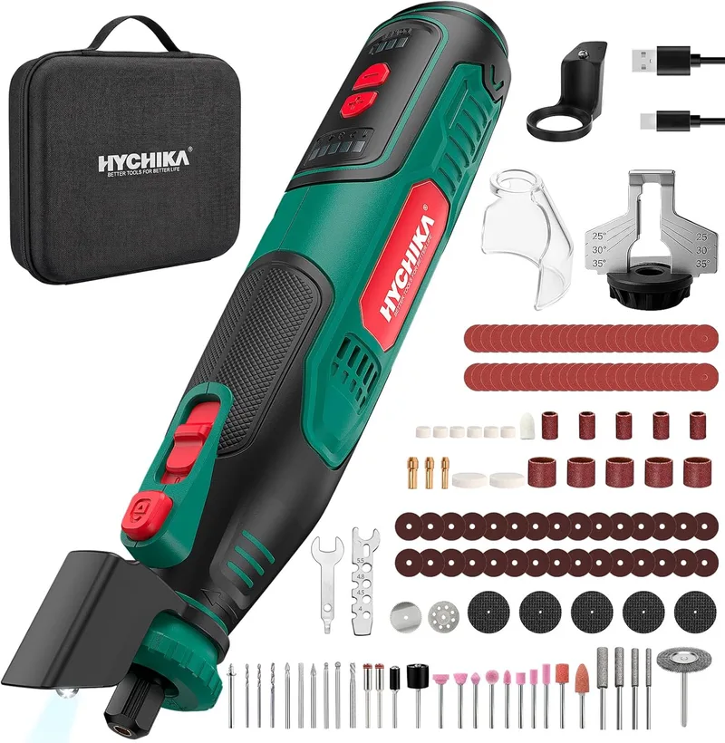 HYCHIKA BETTER TOOLS FOR BETTER LIFE ▫️ Ferramenta rotativa sem fio HYCHIKA 8V 2,0Ah bateria maior, 5 velocidades máx. 30000 RPM, 145 kit de acessórios com afiador de corrente e luz LED, para lixar, polir, cortar, furar, gravar, etc.