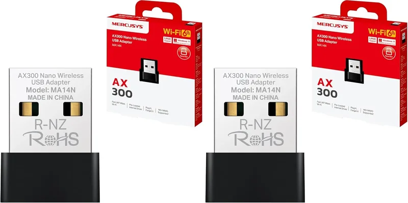 MERCUSYS ▫️ MA14N Adaptador USB Wi-Fi 6 AX300 de tamanho nano – até 287 Mbps, instalação sem drivers, compatível com Windows 11/10/7 e Linux (pacote de 2)