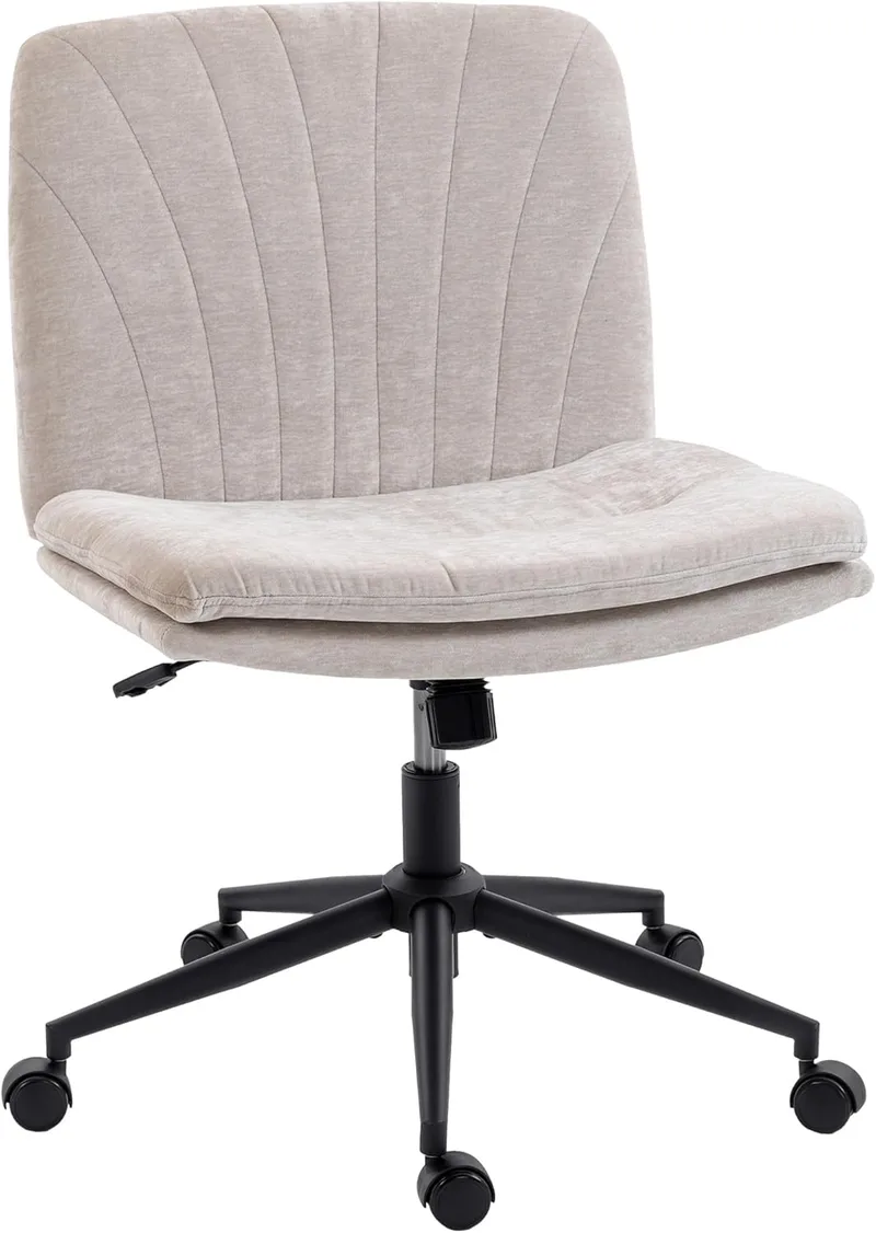 HOMCOM ▫️ Cadeira de escritório Pernas cruzadas, cadeira de secretária com assento largo, sem braços, rodízios, altura regulável, giratória, função cantilever, estofo em chenille, 62x67x83-93 cm, bege