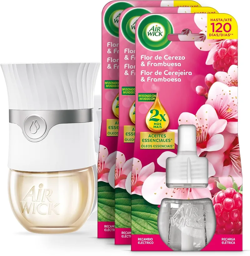Air Wick ▫️ Ambientador elétrico - Aparelho + 3 recargas difusor inteligente com tecnologia anti-desbotamento e recarga com aroma de flor de cerejeira e framboesa, infundido com 2x mais óleos essenciais