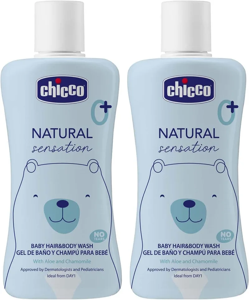 Chicco ▫️ Gel de Banho e Champô Natural Sensation, Produtos de higiene para bebés e recém-nascidos a partir dos 0 meses, Ingredientes naturais, Limpa o corpo e o cabelo do bebé, Embalagem sustentável, 200 ml (Embalagem de 2)