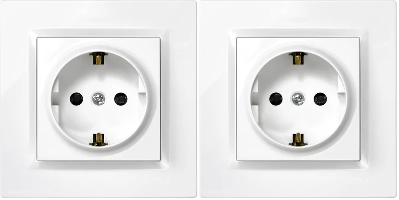 Simon ▫️ Tomada de embutir Schuko, série 10, 250V, 16A, tomada de parede plana e fina, fácil de instalar, inclui moldura, tampa e mecanismo, base de tomada fêmea branca (conjunto de 2)