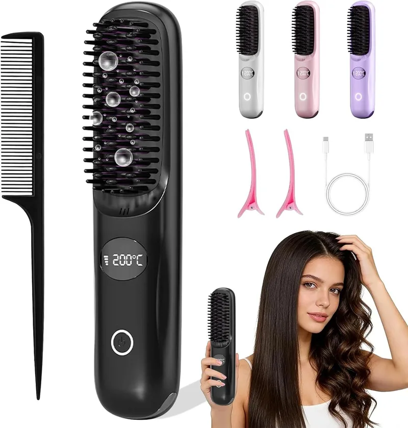 DAILIENFUS ▫️ Escova para alisar o cabelo sem fio, 3 regulações de temperatura, revestimento cerâmico profissional, tecnologia iónica, 160 °C - 200 °C, escova multifunções para cabelos lisos, caracóis perfeitos (preto)