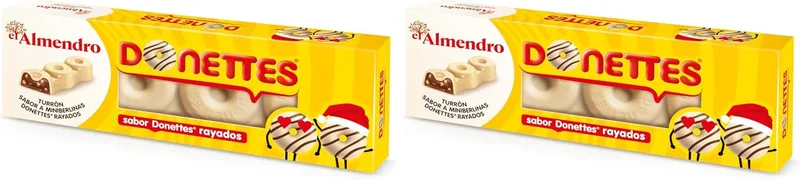 El Almendro ▫️ Donettes Rayados, Turrón de chocolate com praliné e recheio cremoso de pedacinhos de pão-de-ló, sabor Donettes Rayados, ideal para cestas de Natal, fabricado em Espanha, 150 gramas (embalagem de 2)