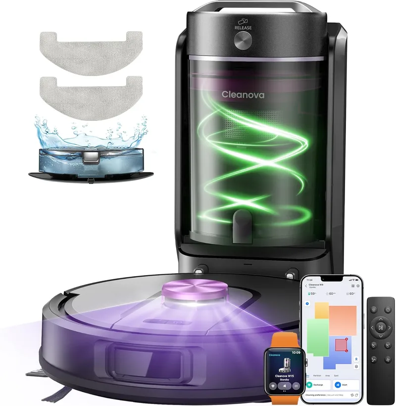 Vexilar ▫️ Aspirador e esfregona robô W15 10000Pa, aspirador robô com 5 mapas inteligentes, sistema de navegação a laser, autonomia de 180 minutos, base auto-esvaziante sem saco 4L, para pavimentos/carpetes/partículas
