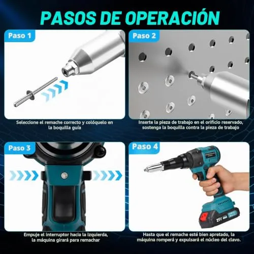 Naxup ▫️ Rebitadeira a bateria, 20 000 N. Rebitadeira elétrica sem escovas, rebitadeira automática sem fios com 2 baterias de 1,5 Ah, para rebites de 2,4 a 4,8 mm, curso de 18 mm 5