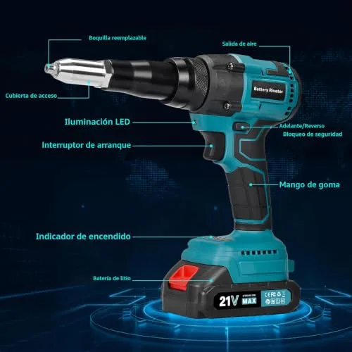 Naxup ▫️ Rebitadeira a bateria, 20 000 N. Rebitadeira elétrica sem escovas, rebitadeira automática sem fios com 2 baterias de 1,5 Ah, para rebites de 2,4 a 4,8 mm, curso de 18 mm 7