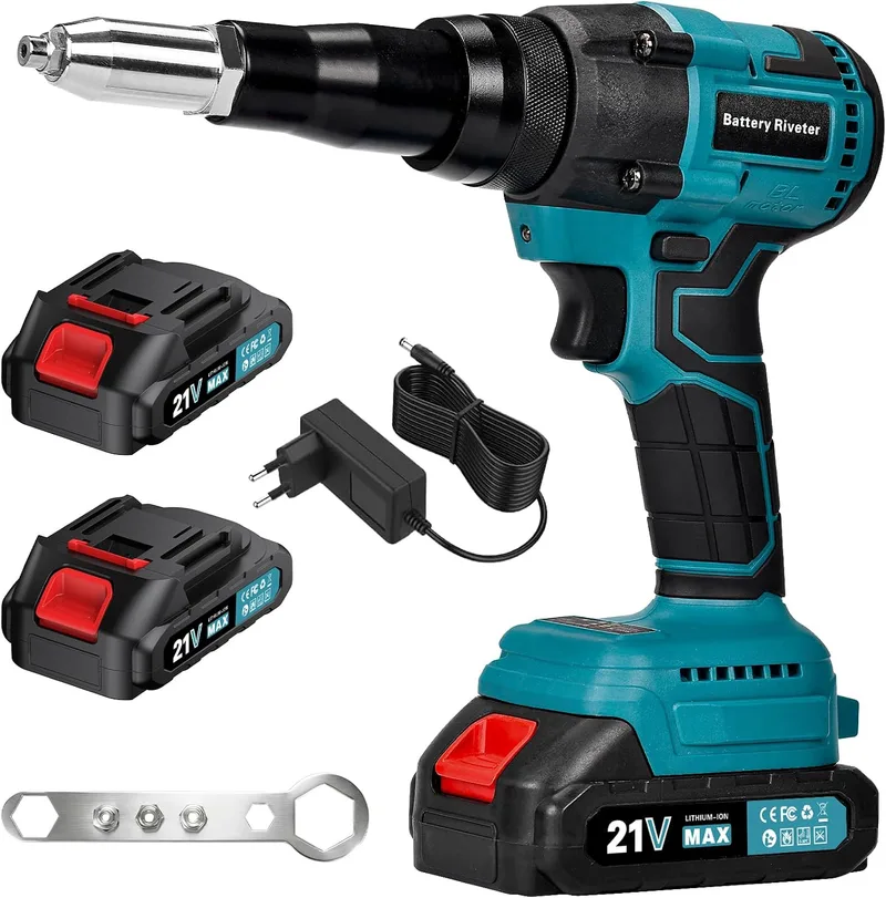 Naxup ▫️ Rebitadeira a bateria, 20 000 N. Rebitadeira elétrica sem escovas, rebitadeira automática sem fios com 2 baterias de 1,5 Ah, para rebites de 2,4 a 4,8 mm, curso de 18 mm