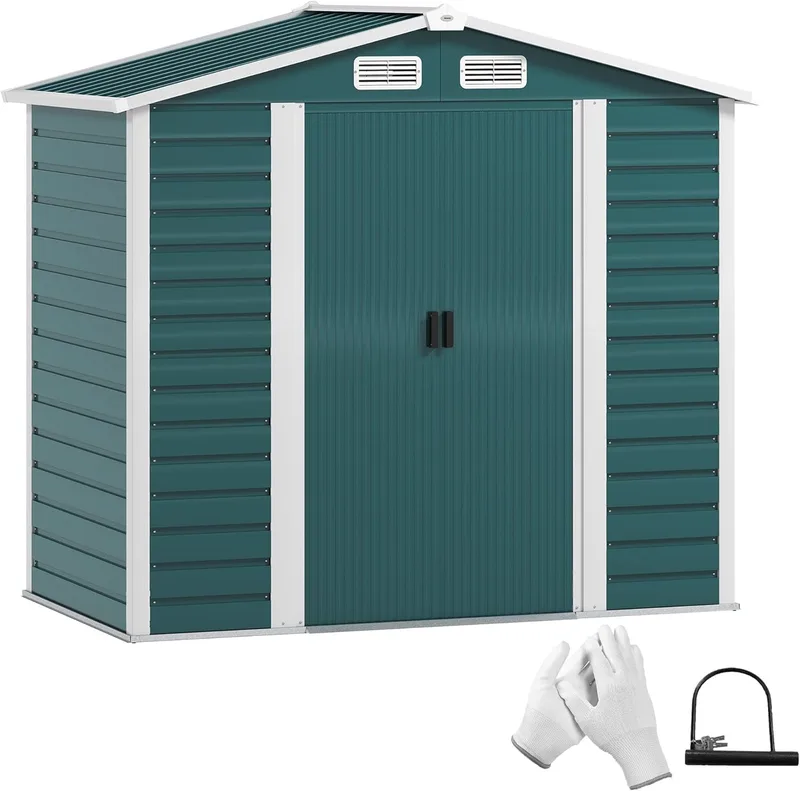 Outsunny ▫️ Outdoor Garden Hut 2,36m² 213x120x194 cm Telheiro para jardim exterior com base reforçada (chão não incluído) Portas de correr duplas Janelas com cadeado Verde escuro