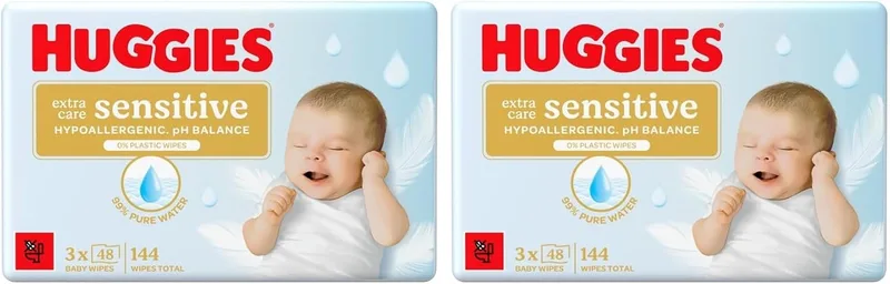HUGGIES ▫️ Toalhitas para bebé Extra Care Sensitive, 99% de água pura, 2 embalagens de 48, total de 144 toalhitas (embalagem de 2)