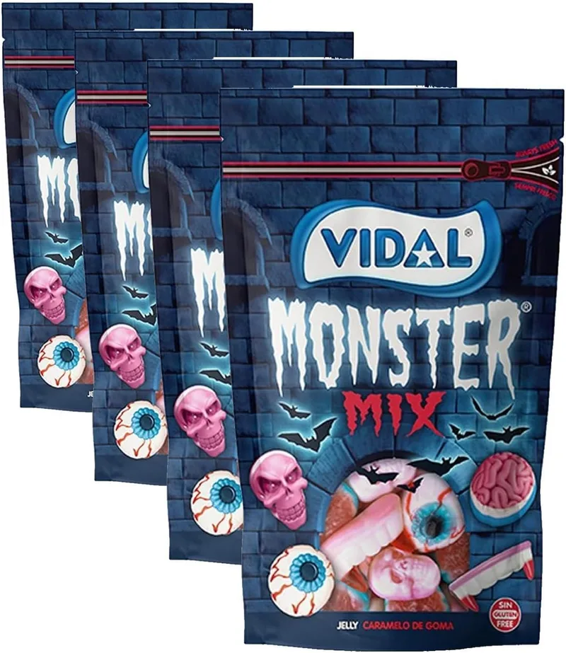 Vidal ▫️ Confeitaria Monster Mix - Seleção de doces terrosos, com sabor intenso a morango e creme de morango. Sem glúten. Sem gordura. Saco 180g (Embalagem de 4)