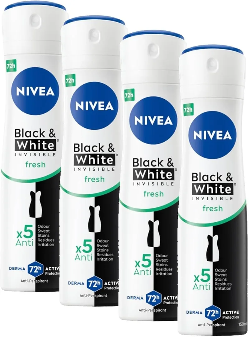 NIVEA ▫️ Desodorizante em spray refrescante em preto e branco, 150 ml (Embalagem de 4)