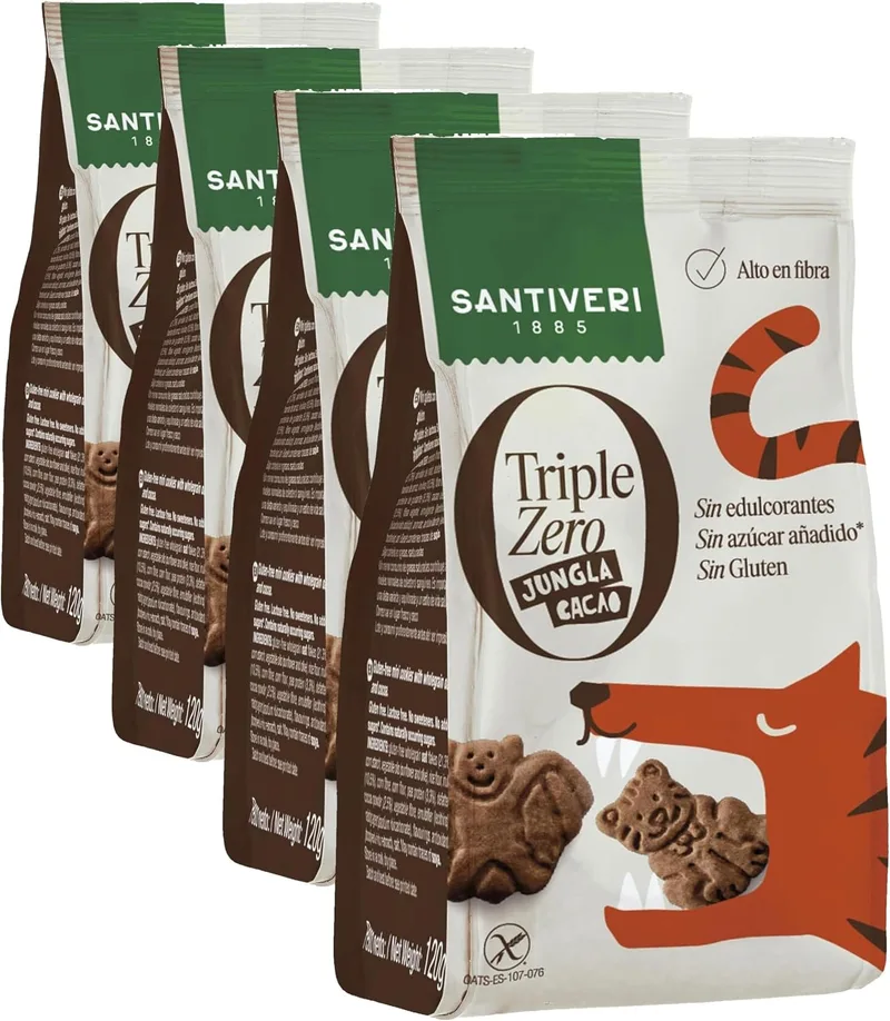 SANTIVERI ▫️ Bolachas «Jungla Cacao Triple Zero», bolachas estaladiças com aveia integral e proteína de ervilha, ricas em fibra, sem adoçantes, sem açúcar nem glúten, ideais para crianças, veganas - 120 g