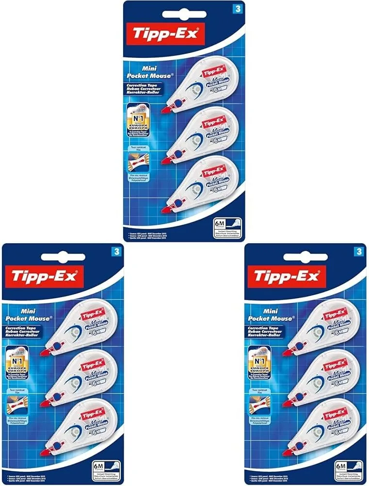 Tipp-Ex ▫️ Mini Pocket Mouse Fitas Corretoras - Corretor para canetas esferográficas - 6 m x 5 mm Blister de 3 (Embalagem de 3)