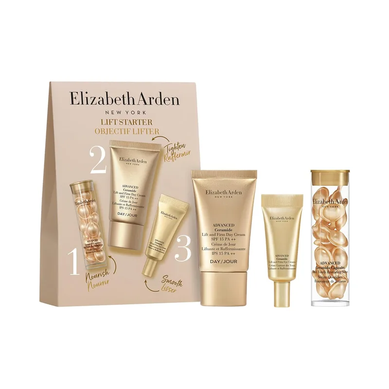 Elizabeth Arden ▫️ Conjunto Inicial Lift de 3 peças, Cápsulas de Soro Advanced Ceramide, Creme de Dia Lift and Firm FPS 15 e Creme para os Olhos, Conjunto de Cuidados da Pele Antienvelhecimento Adaptado para Viagem