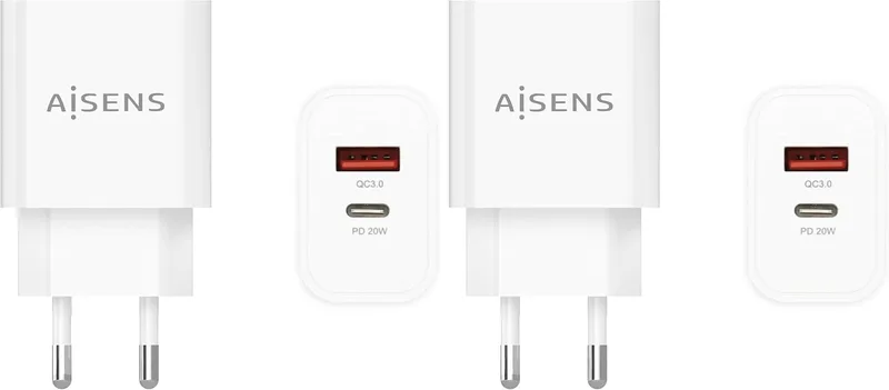 AISENS ▫️ Carregador 20W. 1xUSB-C PD3.0. 1xUSB-A QC3.0. Branco (Embalagem de 2)